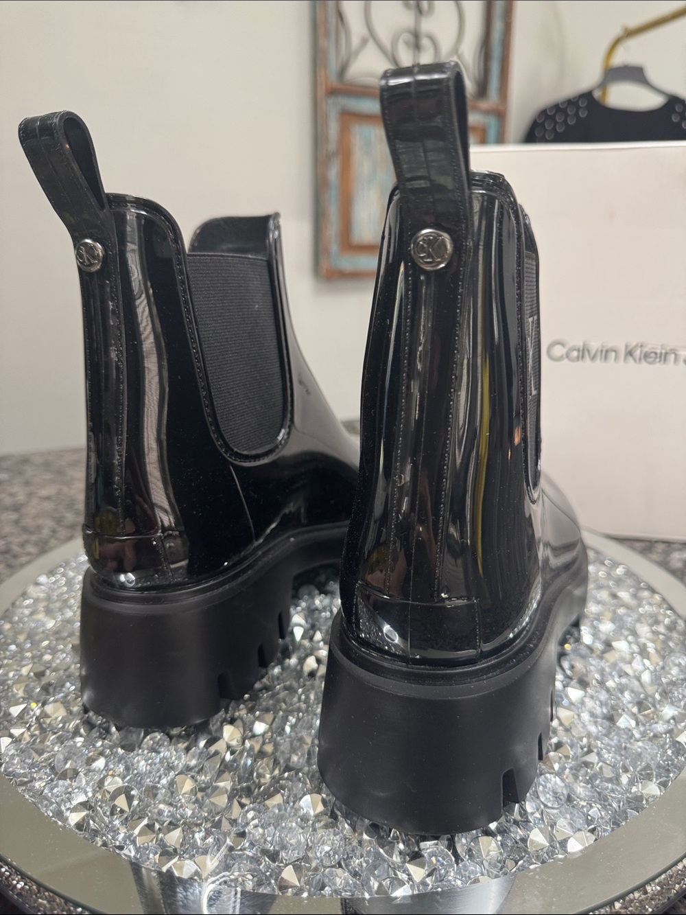 Calvin Klein Wende Black Patent Chunky Chelsea Rain Boots NEW 9 - Picture 12 of 14